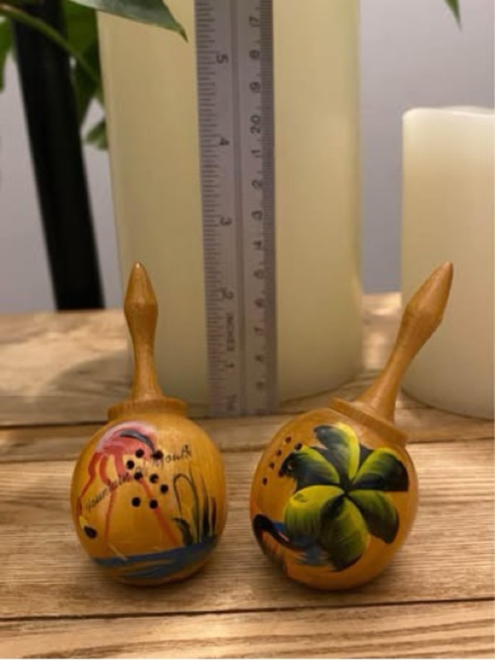 Vintage Hand Painted Wood Maraca Salt and Pepper Shakers Fountain of Youth MCM